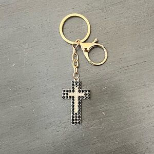 Cross Royal Blue & Clear Allover Rhinestone 4" Gold Keychain Bag Charm Religious